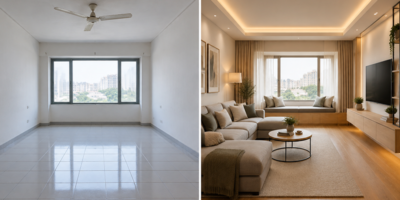 Living space renovation before and after
